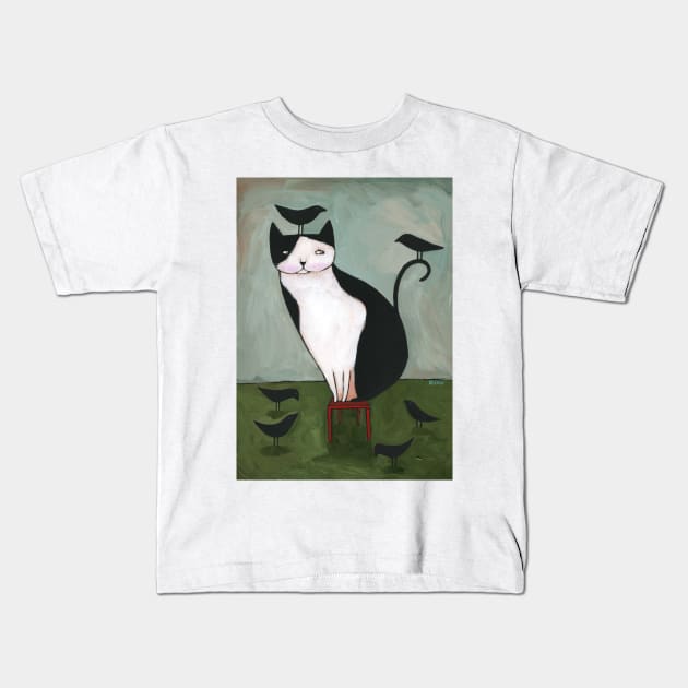 Tuxedo Cat and Crow Friends Kids T-Shirt by KilkennyCat Art